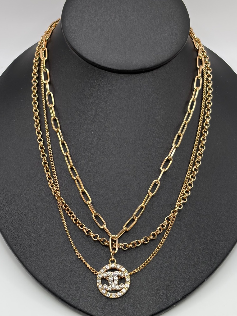 Gold Layered Chain Necklace with Paved Monogram Pendant